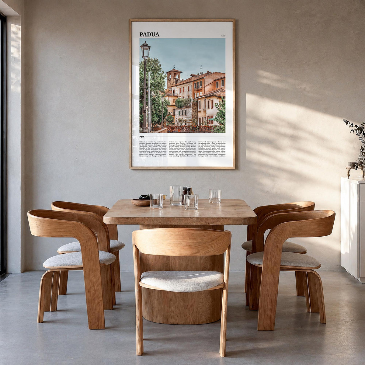 Padua colorful travel poster of Italy – vertical wall art in natural wood frame, hanging on wall