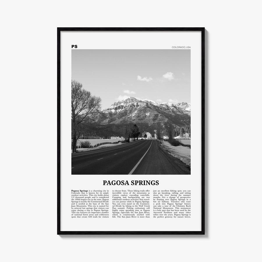 Pagosa Springs black & white newspaper poster of Colorado, USA – vertical wall art, unframed print shown in interior mockup