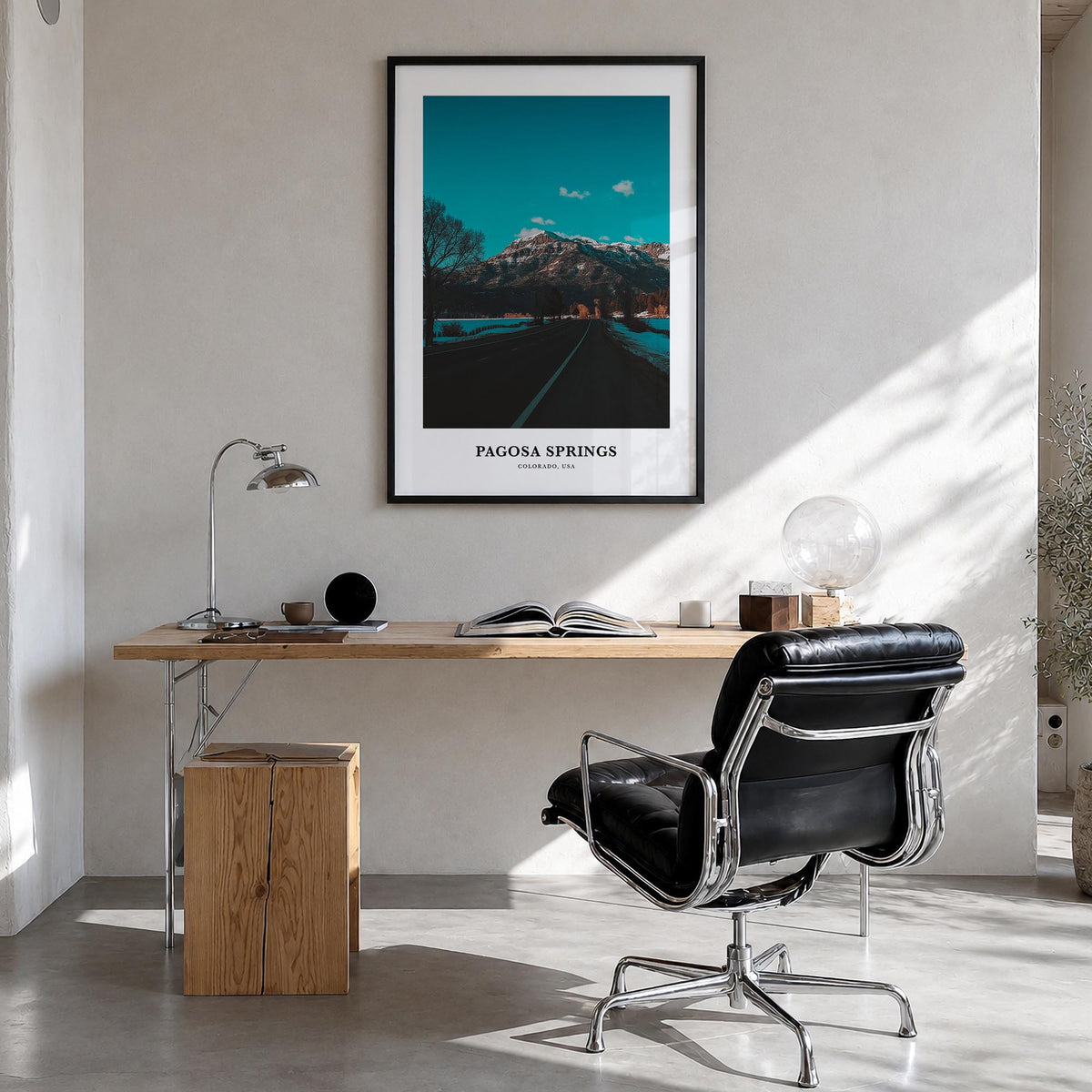 Pagosa Springs colorful classic poster of Colorado, USA – vertical wall art in black wood frame, hanging on wall