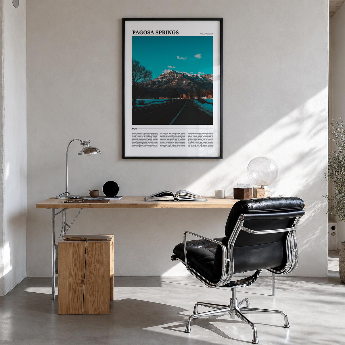 Pagosa Springs colorful travel poster of Colorado, USA – vertical wall art in black wood frame, hanging on wall