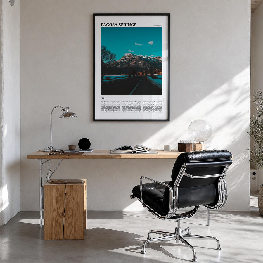 Pagosa Springs colorful travel poster of Colorado, USA – vertical wall art in black wood frame, hanging on wall