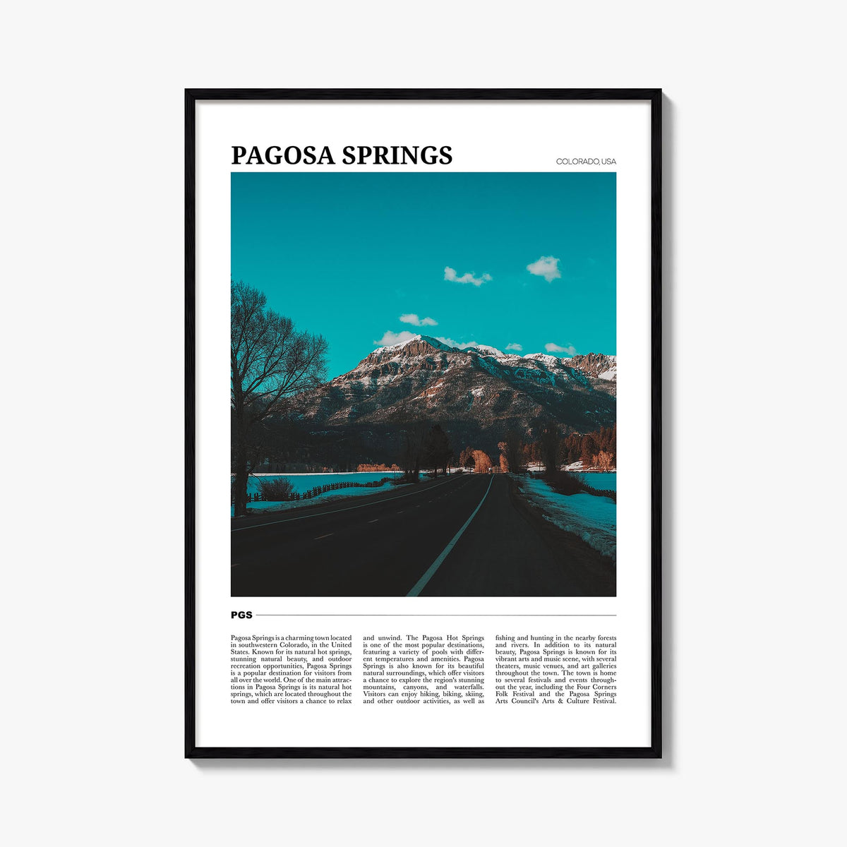 Pagosa Springs colorful travel poster of Colorado, USA – vertical wall art, unframed print shown in interior mockup