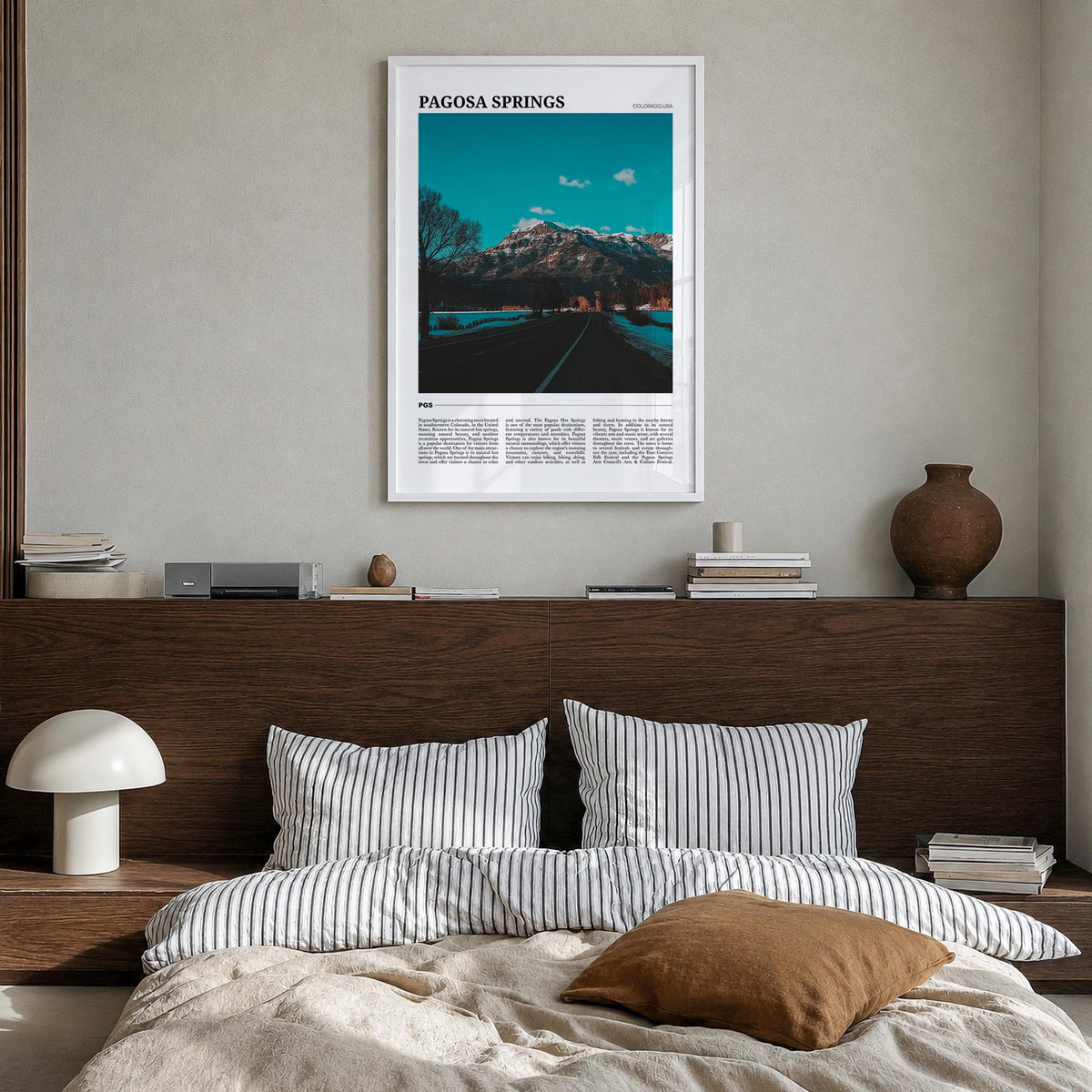 Pagosa Springs colorful travel poster of Colorado, USA – vertical wall art in white wood frame, hanging on wall