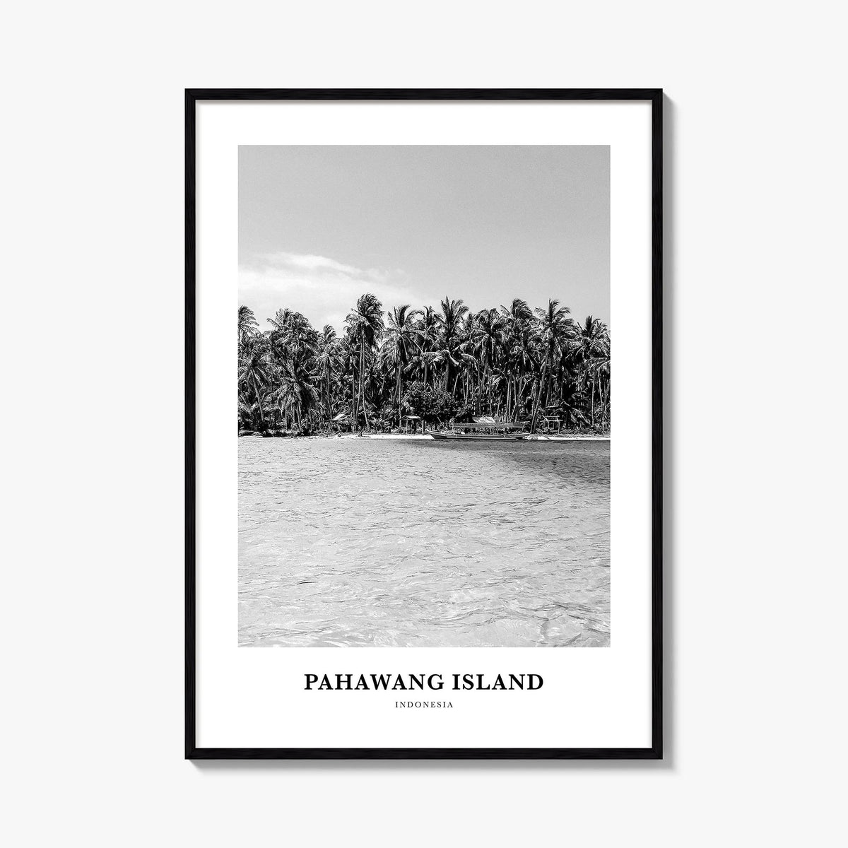 Pahawang Island black & white classic poster of Indonesia – vertical wall art, unframed print shown in interior mockup