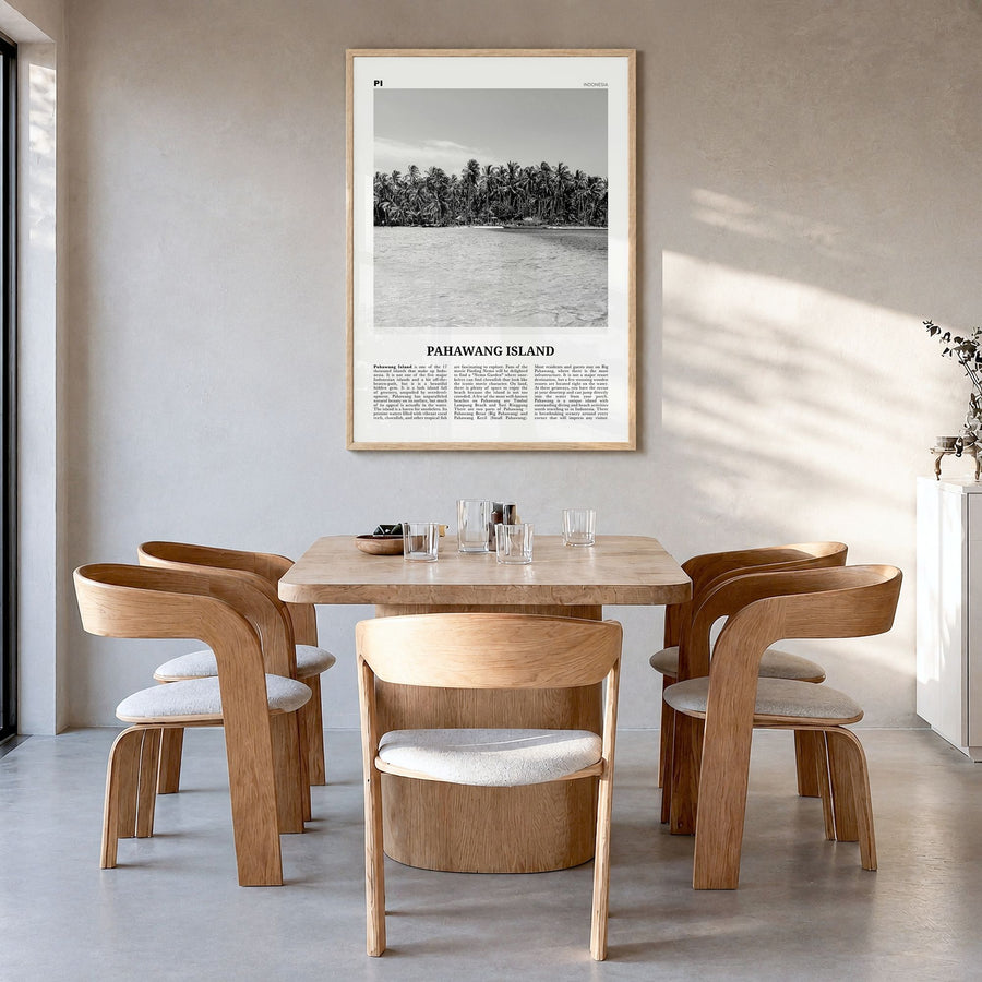 Pahawang Island Newspaper Poster in a natural wood frame, hanging in a dining room