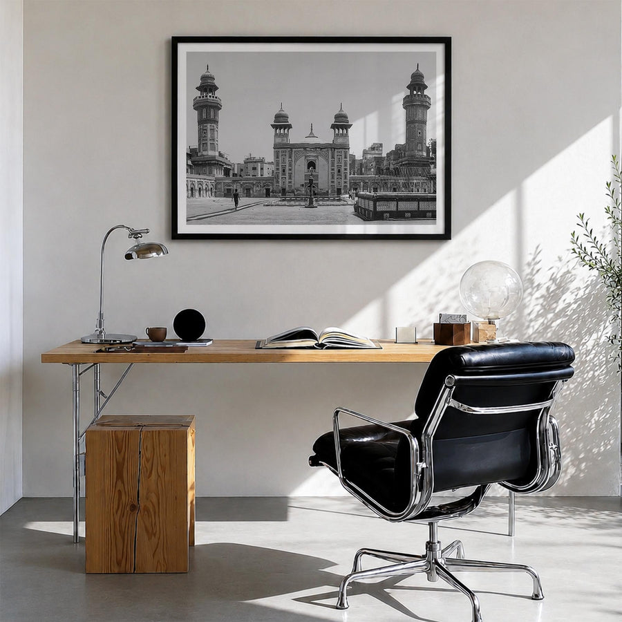 Pakistan black & white photo poster of Asia – horizontal wall art in black wood frame with white border, hanging on wall