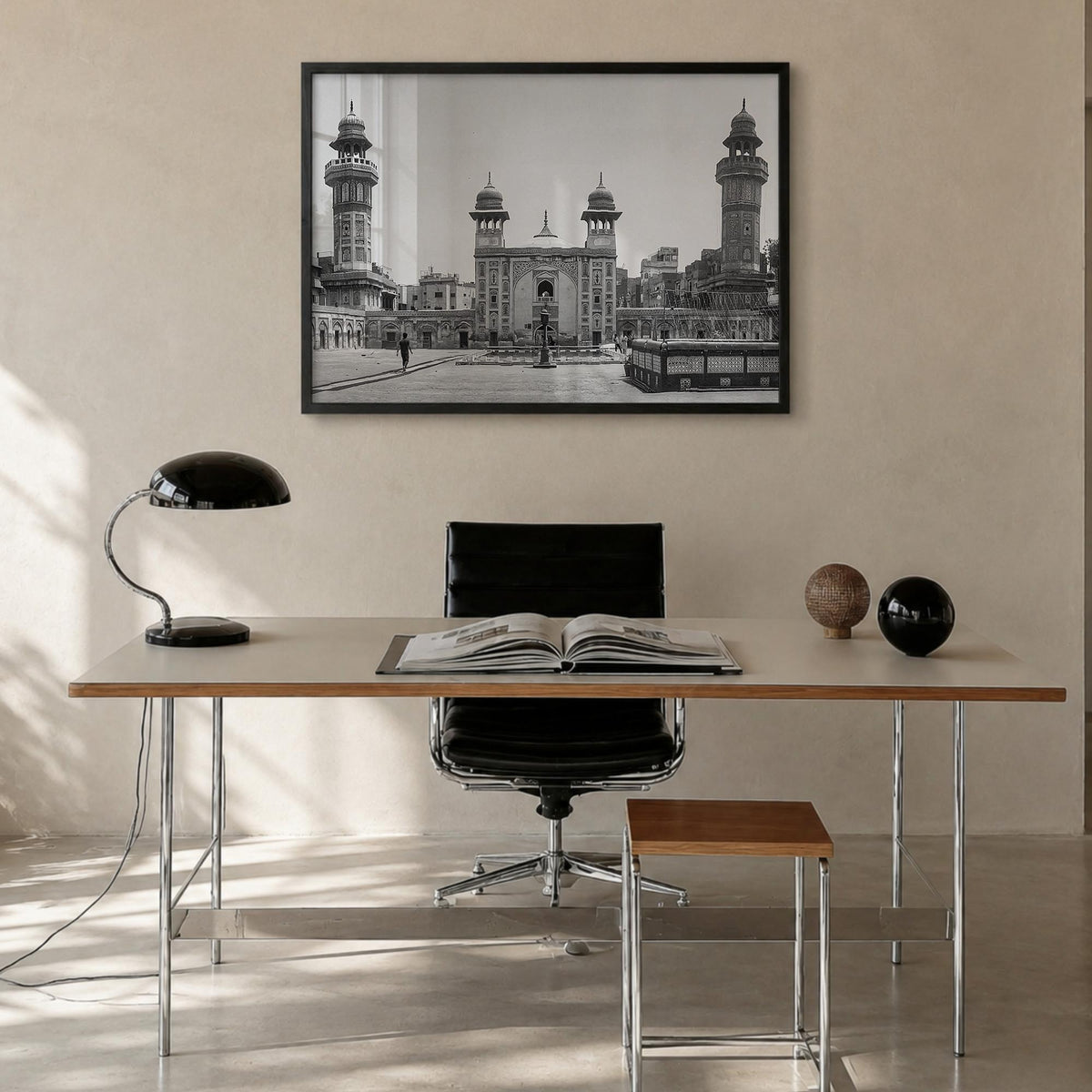 Pakistan black & white photo poster of Asia – horizontal wall art in black wood frame, hanging on wall