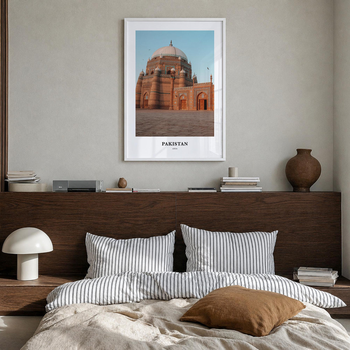 Pakistan colorful classic poster of Asia – vertical wall art in white wood frame, hanging on wall