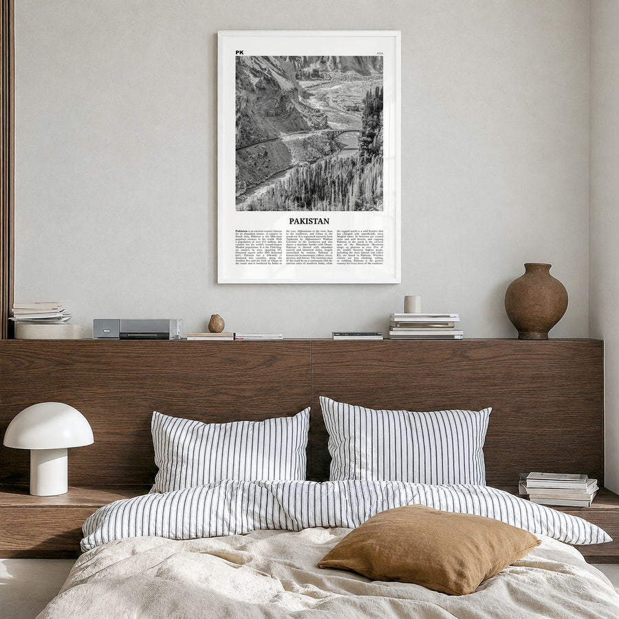 Pakistan Newspaper No 2 Poster in a white wood frame, hanging in a bedroom