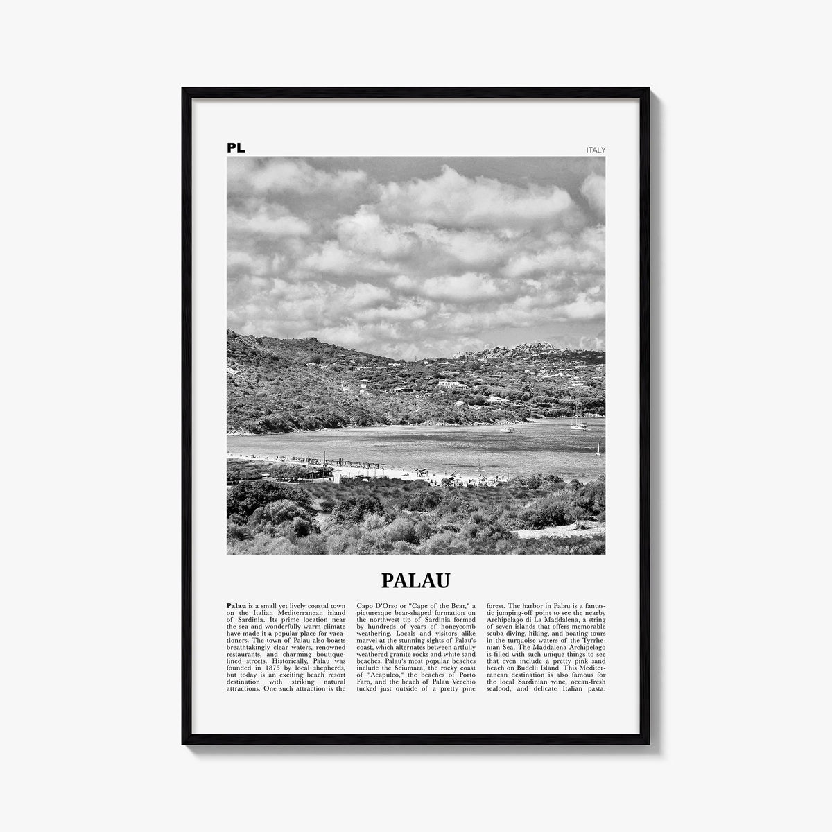 Palau, Italy black & white newspaper poster of Italy – vertical wall art, unframed print shown in interior mockup