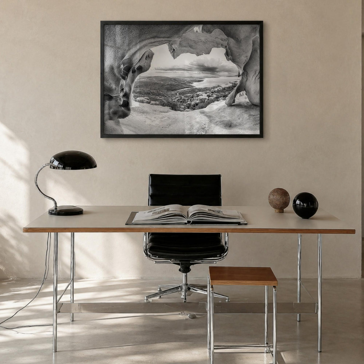 Palau, Italy black & white photo poster of Italy – horizontal wall art in black wood frame, hanging on wall
