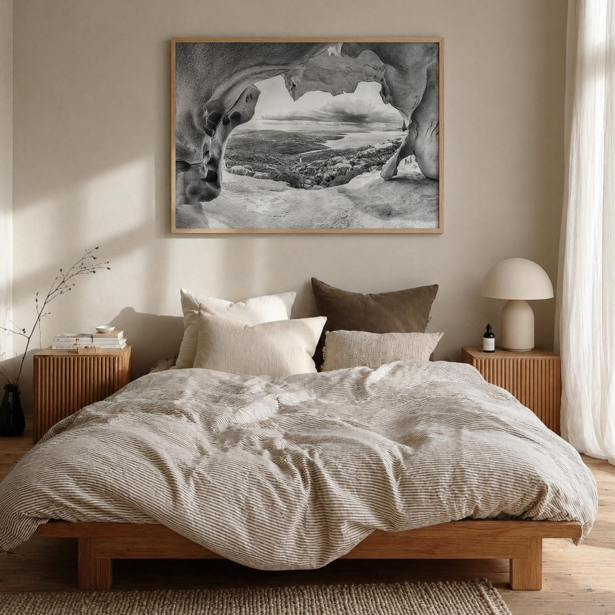 Palau, Italy black & white photo poster of Italy – horizontal wall art in natural wood frame, hanging on wall