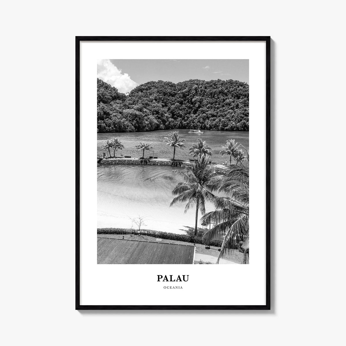 Palau black & white classic poster of Oceania – vertical wall art, unframed print shown in interior mockup
