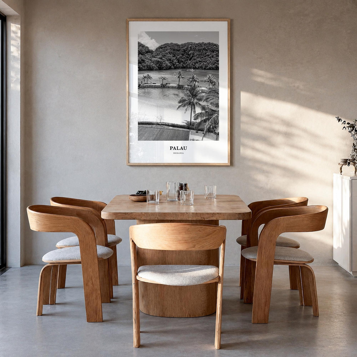 Palau black & white classic poster of Oceania – vertical wall art in natural wood frame, hanging on wall