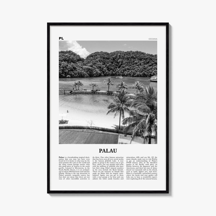 Palau black & white newspaper poster of Oceania – vertical wall art, unframed print shown in interior mockup