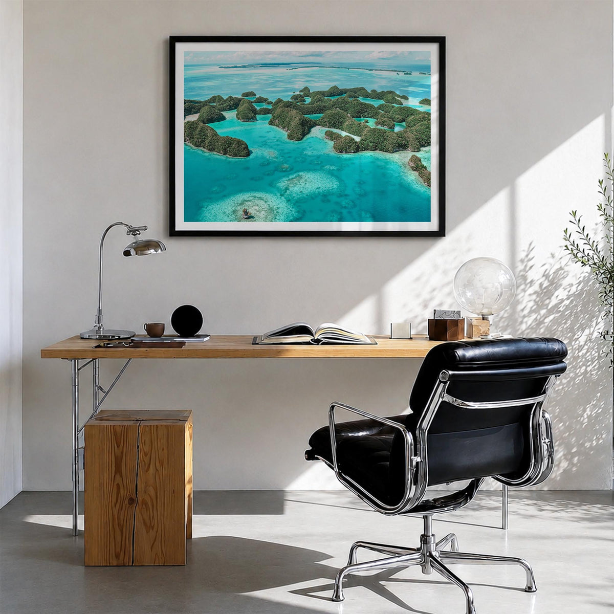Palau colorful photo poster of Oceania – horizontal wall art in black wood frame with white border, hanging on wall
