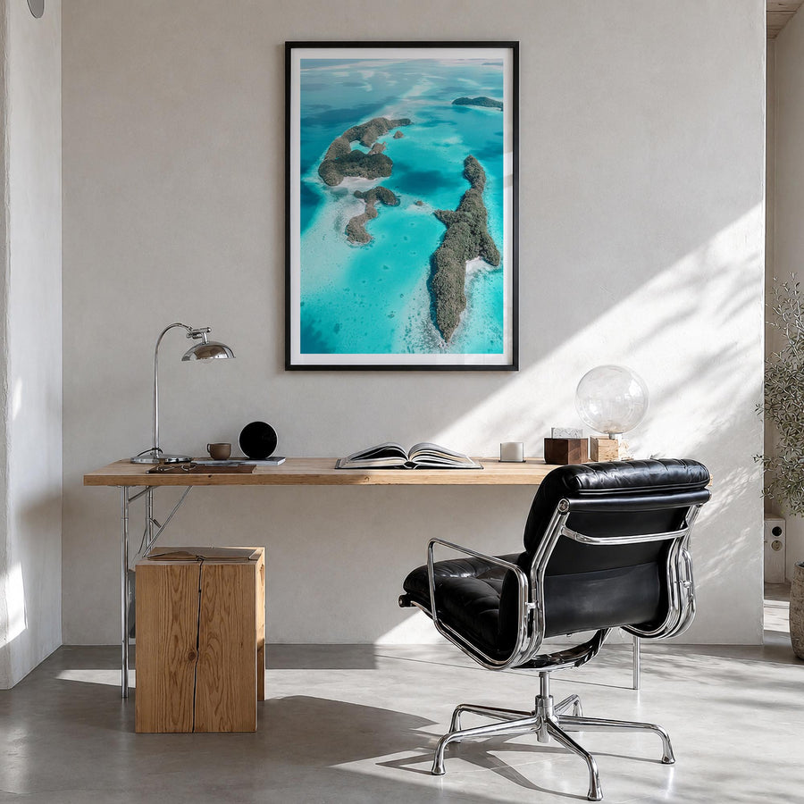Palau colorful photo poster of Oceania – vertical wall art in black wood frame with white border, hanging on wall
