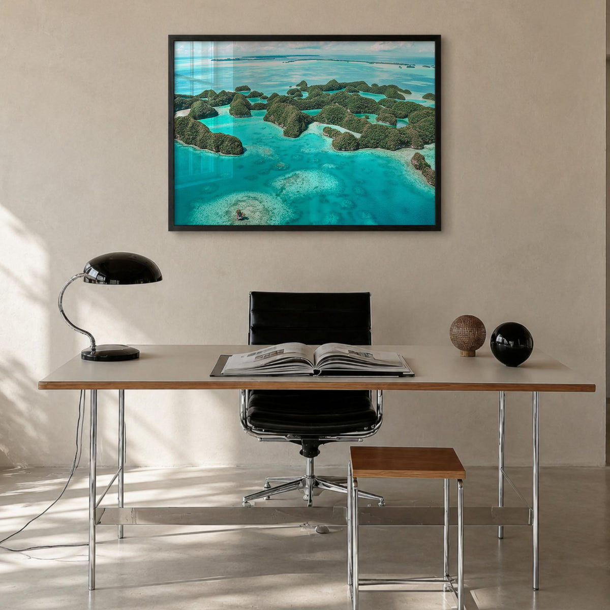 Palau colorful photo poster of Oceania – horizontal wall art in black wood frame, hanging on wall
