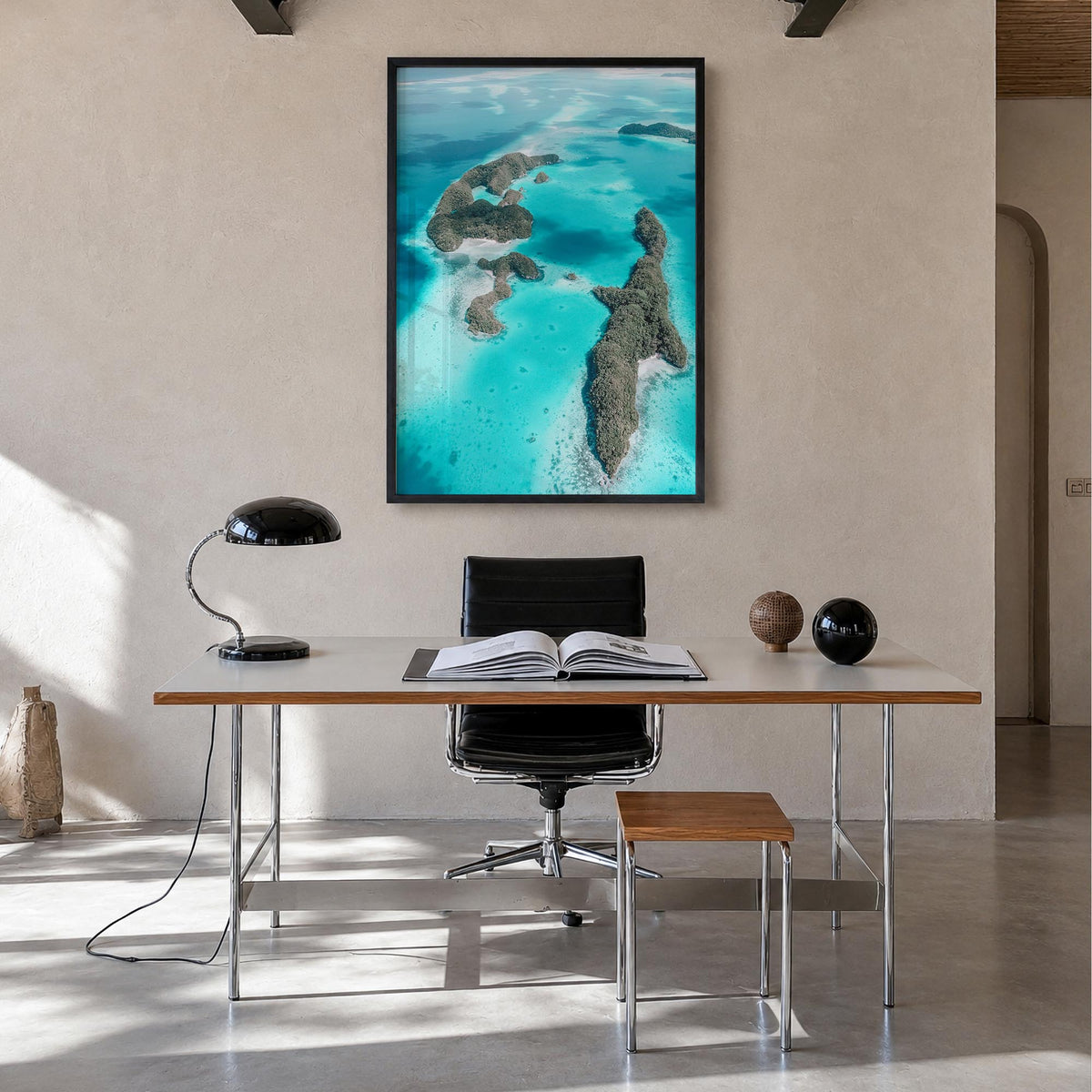 Palau colorful photo poster of Oceania – vertical wall art in black wood frame, hanging on wall
