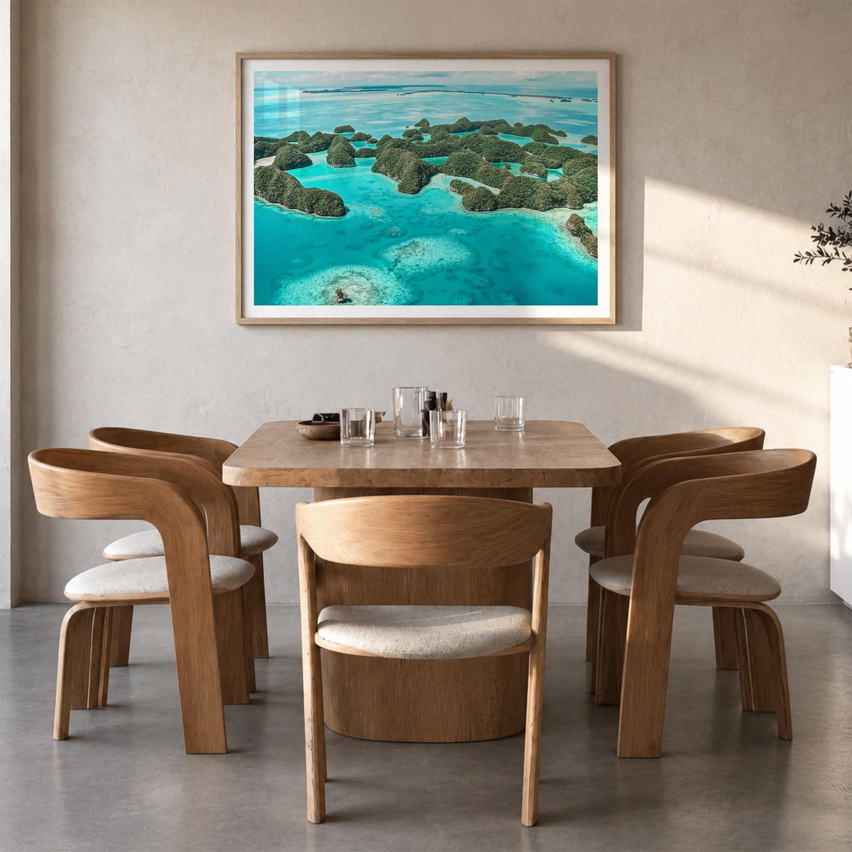 Palau colorful photo poster of Oceania – horizontal wall art in natural wood frame with white border, hanging on wall