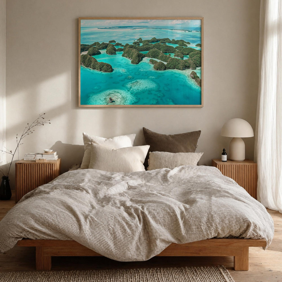 Palau colorful photo poster of Oceania – horizontal wall art in natural wood frame, hanging on wall