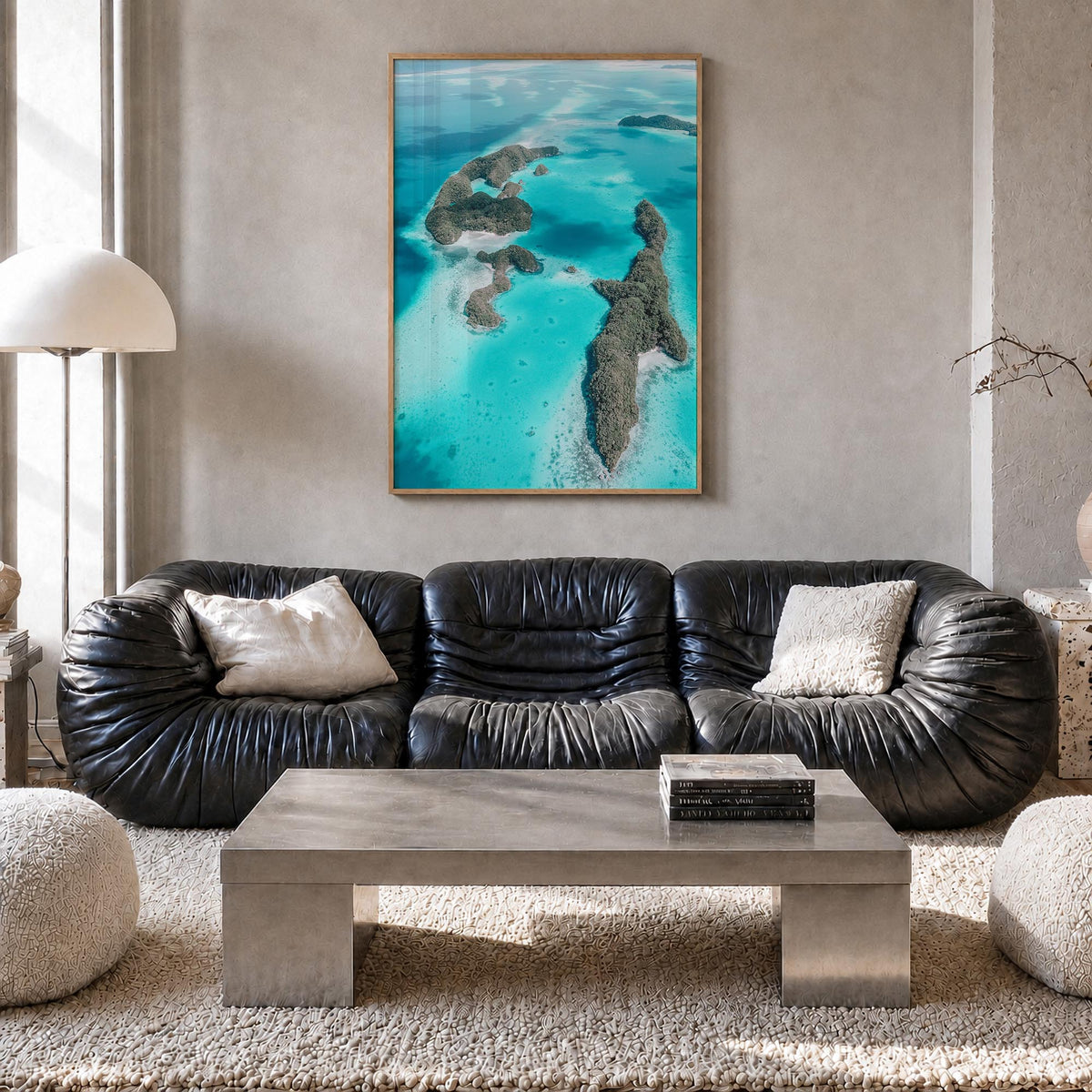 Palau colorful photo poster of Oceania – vertical wall art in natural wood frame, hanging on wall
