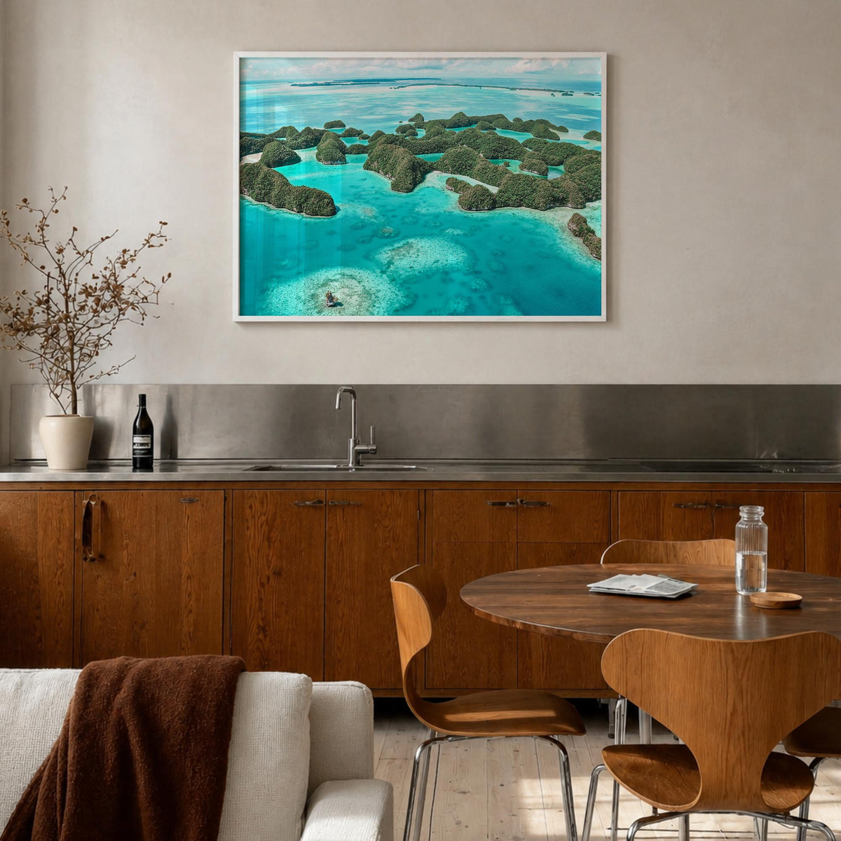Palau colorful photo poster of Oceania – horizontal wall art in white wood frame, hanging on wall