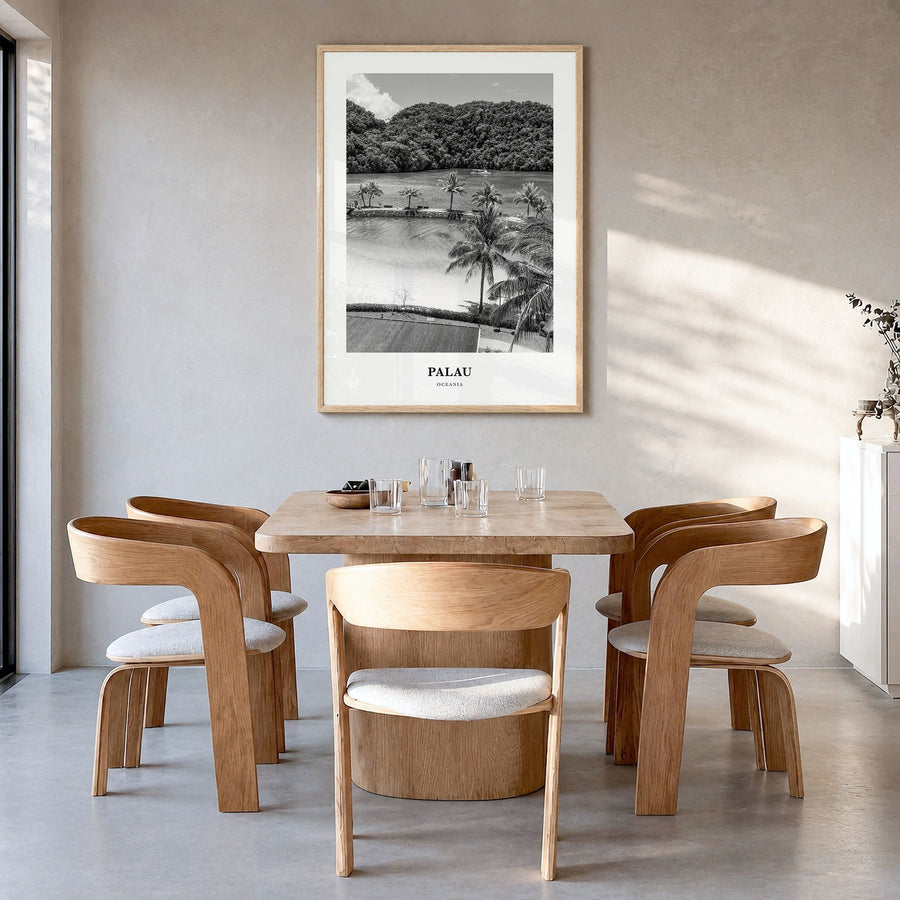 Palau Classic Poster in a natural wood frame, hanging in a dining room