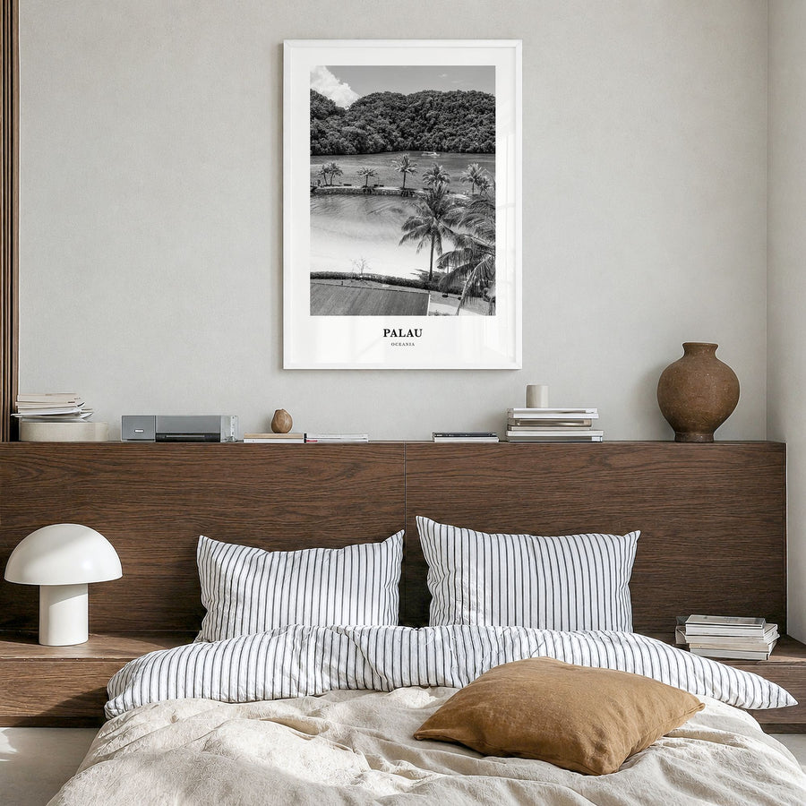 Palau Classic Poster in a white wood frame, hanging in a bedroom
