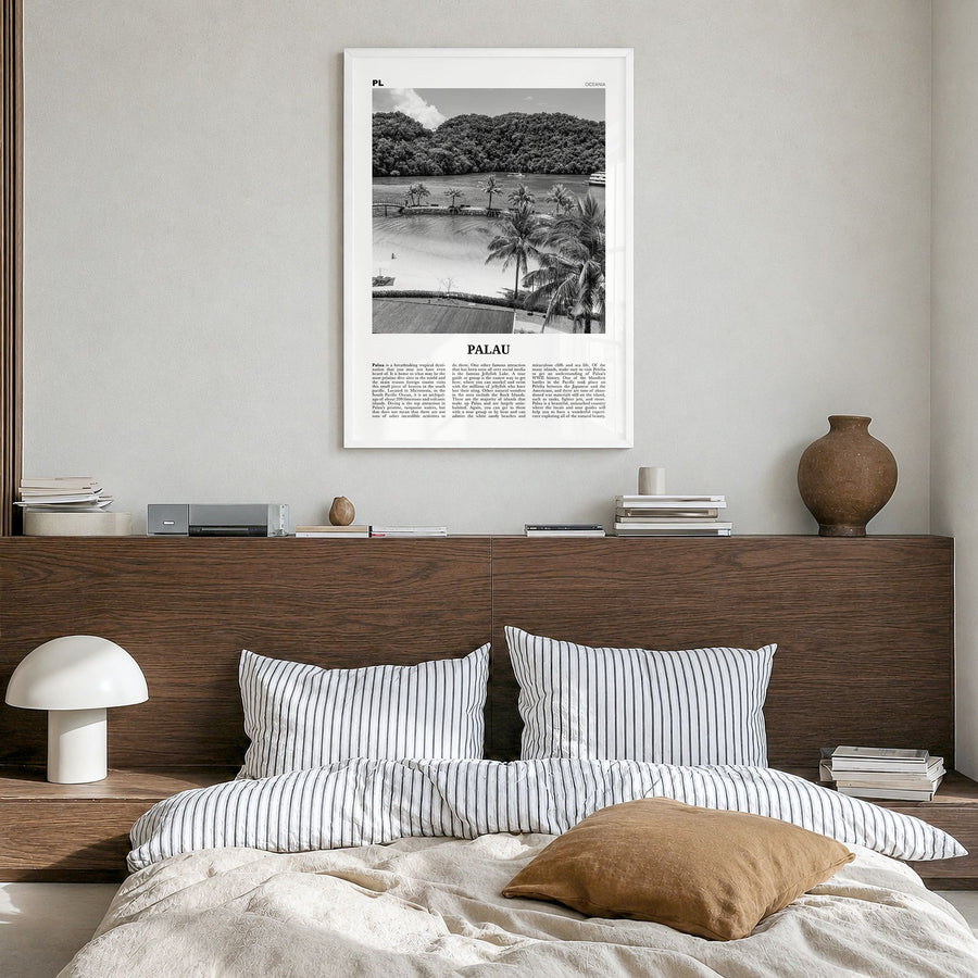 Palau Newspaper Poster in a white wood frame, hanging in a bedroom