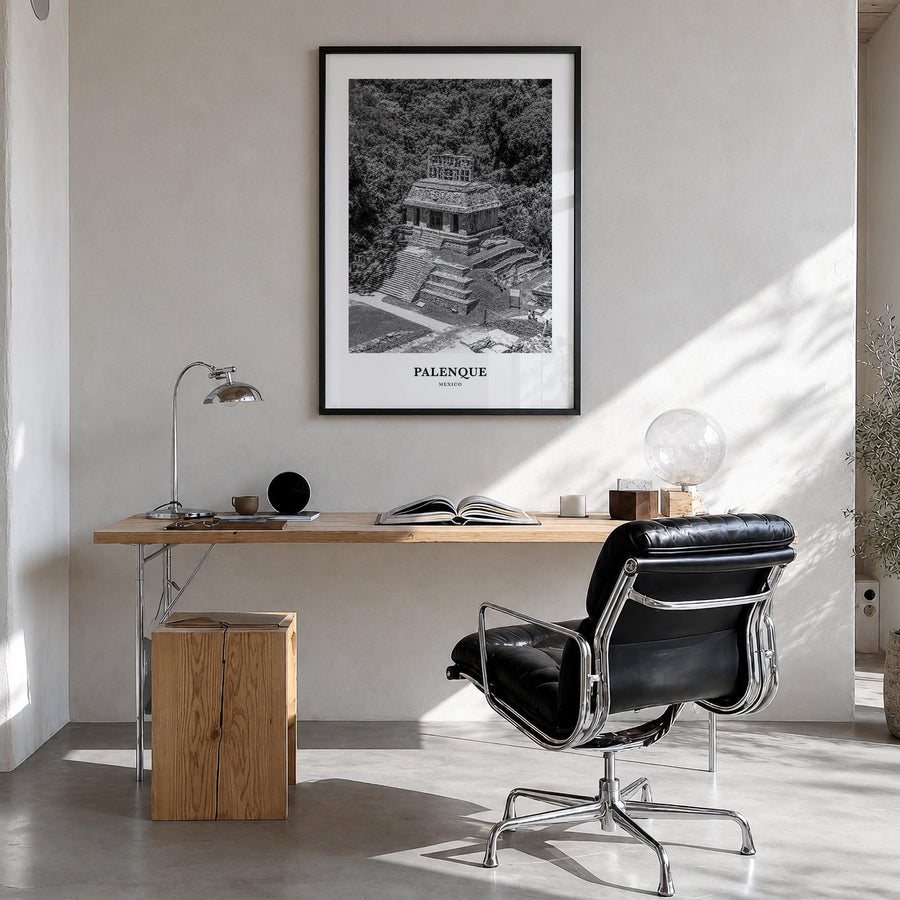 Palenque black & white classic poster of Mexico – vertical wall art in black wood frame, hanging on wall