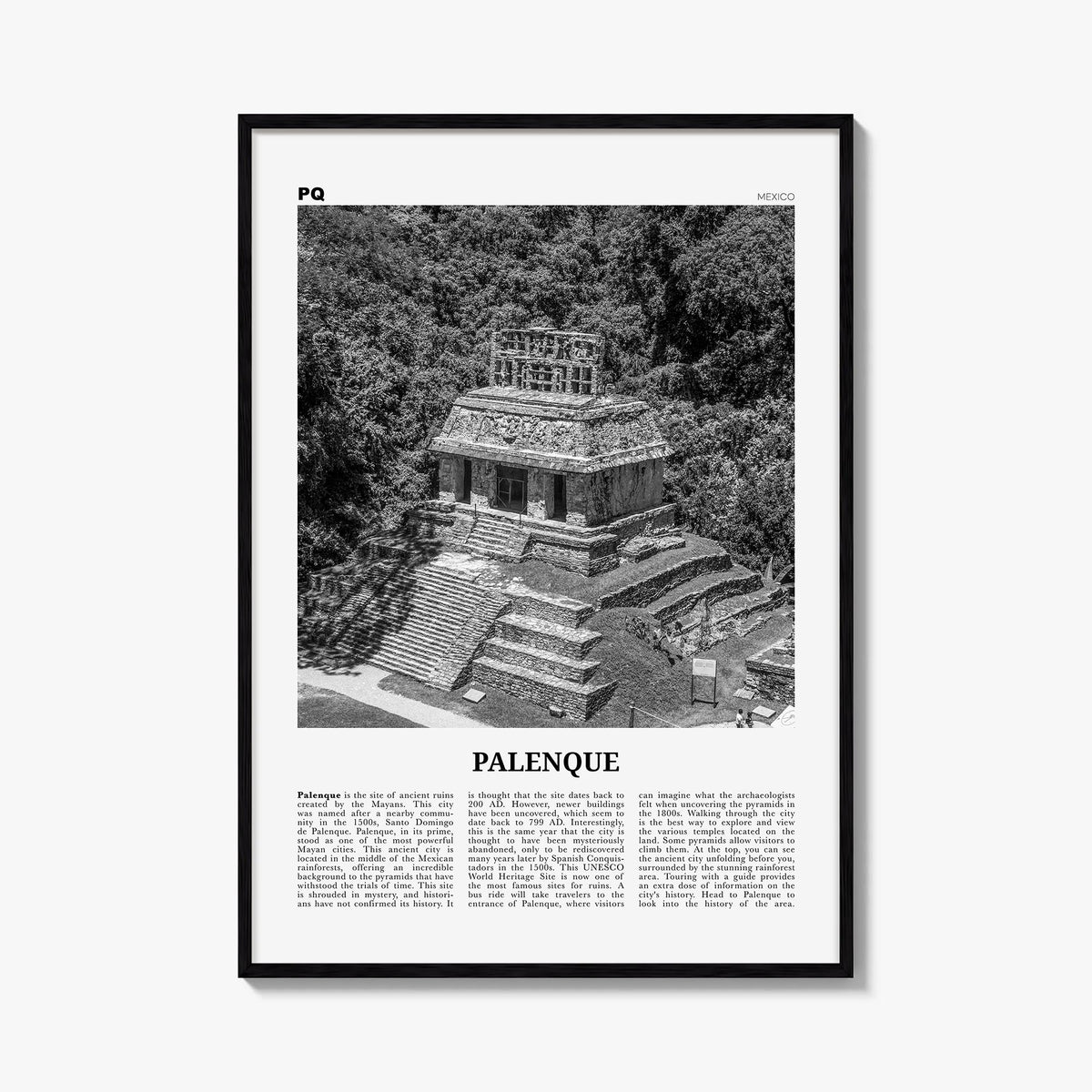 Palenque black & white newspaper poster of Mexico – vertical wall art, unframed print shown in interior mockup