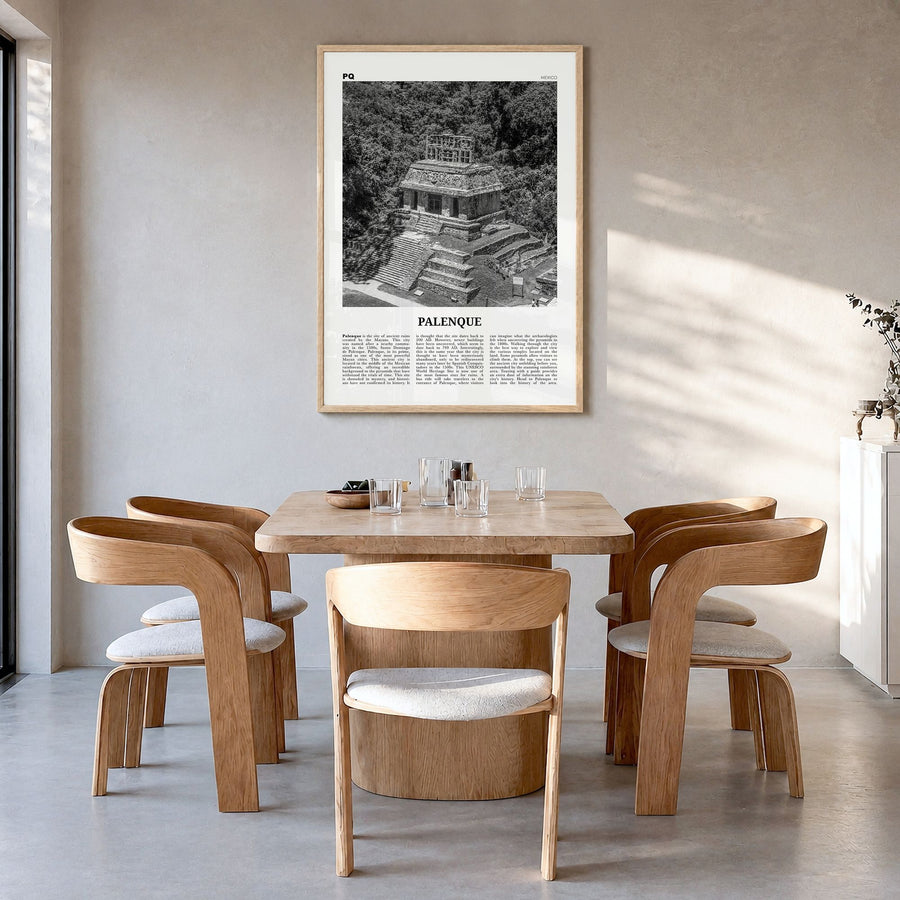 Palenque Newspaper Poster in a natural wood frame, hanging in a dining room
