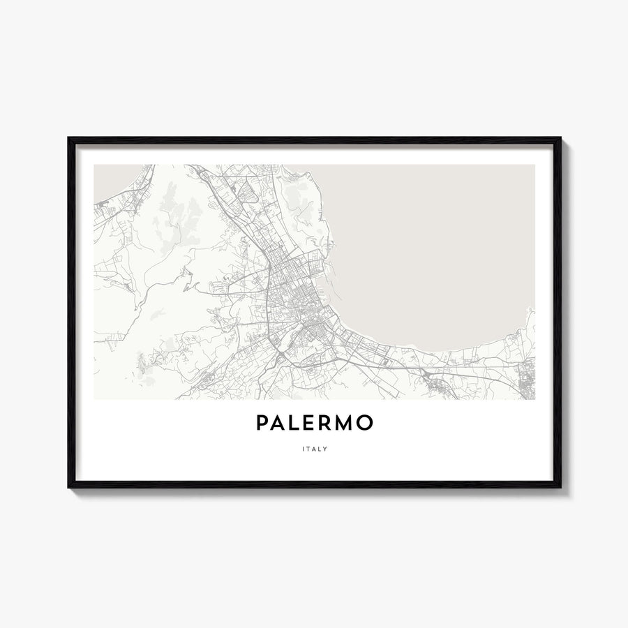 Palermo black & white map poster of Italy – horizontal wall art, unframed print shown in interior mockup