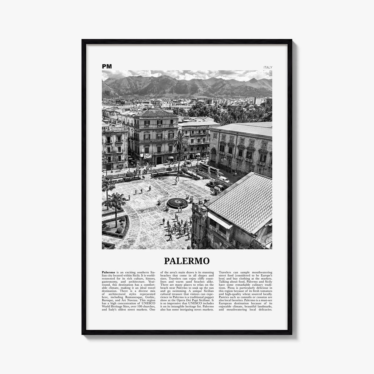 Palermo black & white newspaper poster of Italy – vertical wall art, unframed print shown in interior mockup