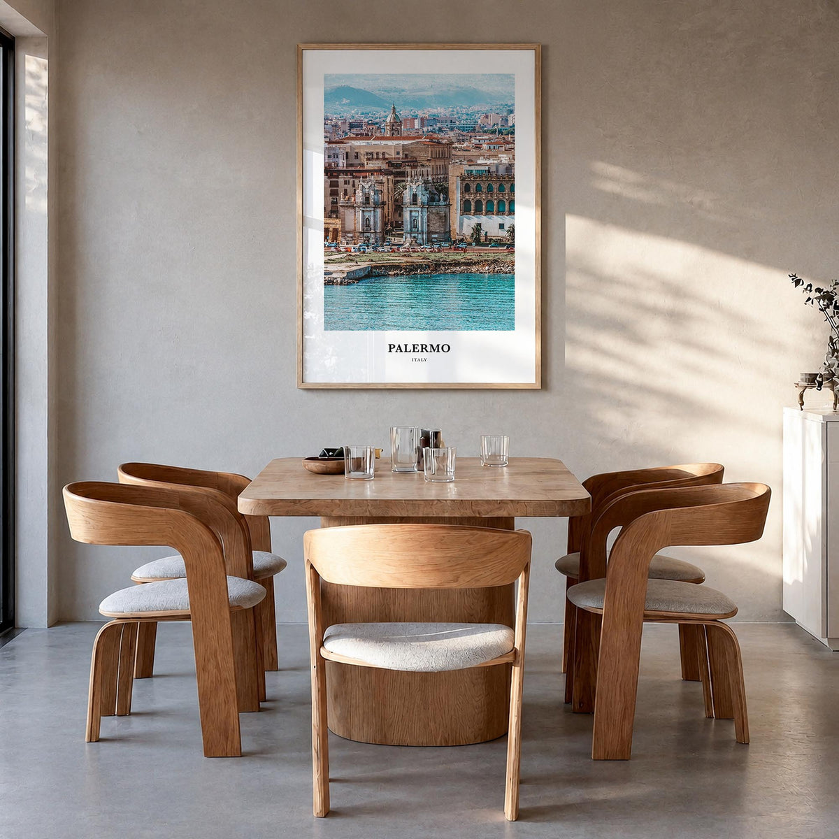 Palermo colorful classic poster of Italy – vertical wall art in natural wood frame, hanging on wall