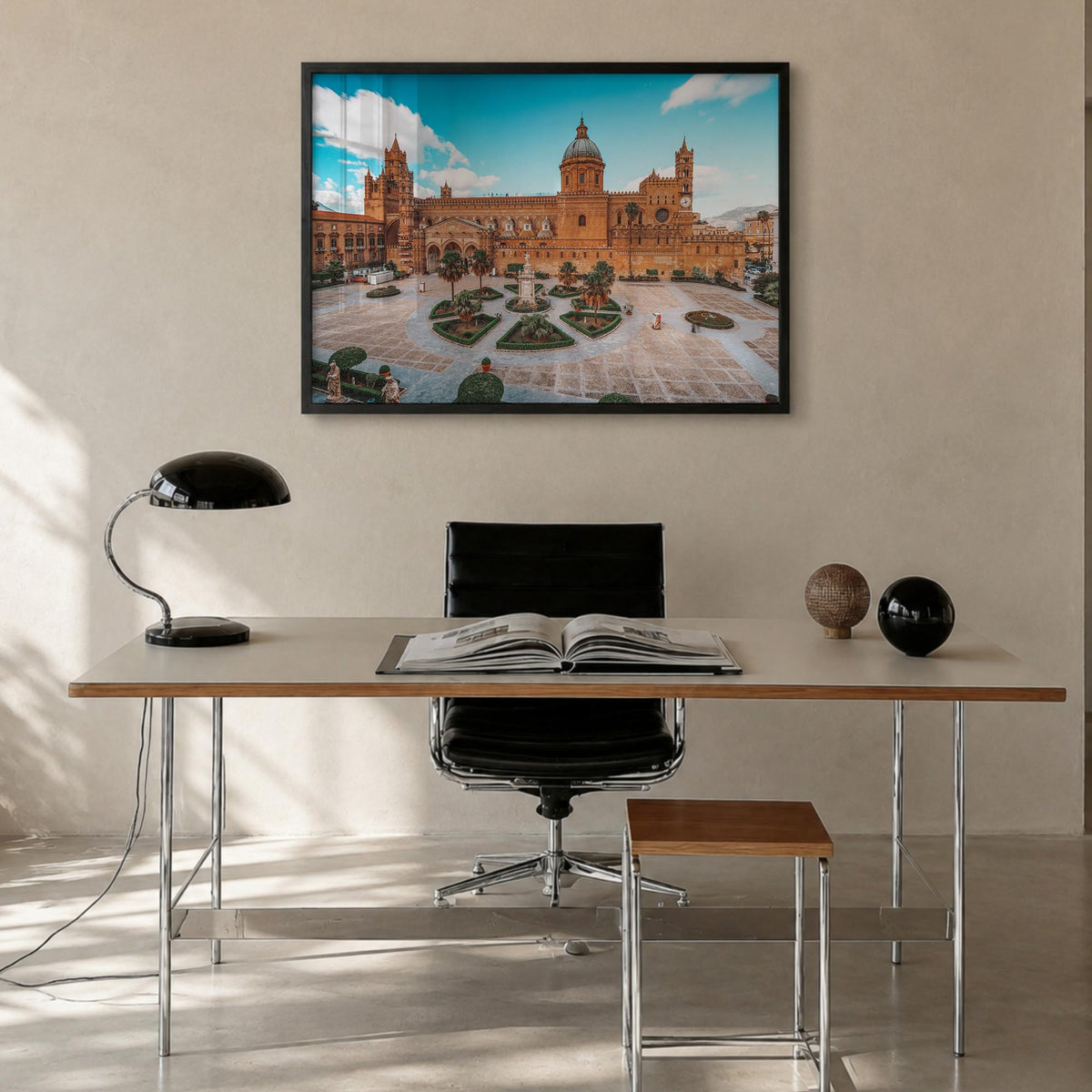 Palermo colorful photo poster of Italy – horizontal wall art in black wood frame, hanging on wall