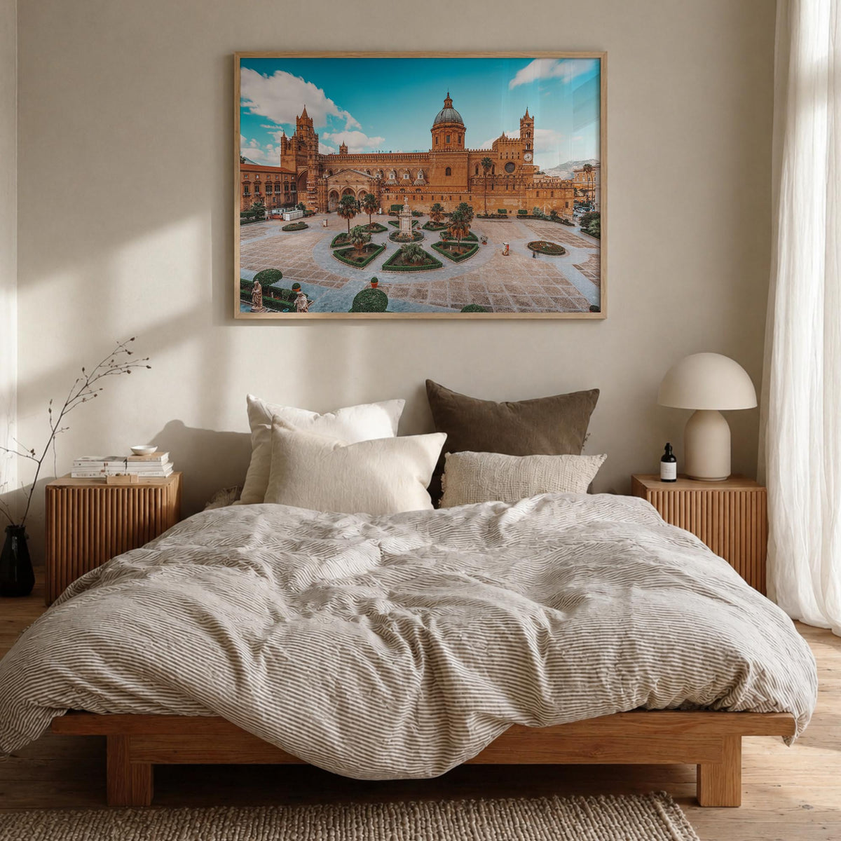 Palermo colorful photo poster of Italy – horizontal wall art in natural wood frame, hanging on wall
