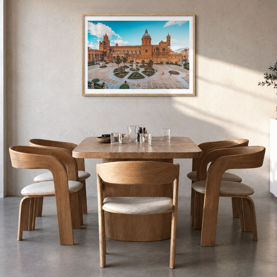 Palermo Photo Poster in a natural wood frame, hanging in a dining room, white border