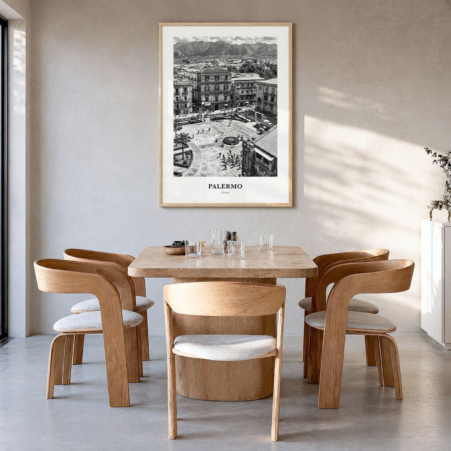 Palermo Classic Poster in a natural wood frame, hanging in a dining room