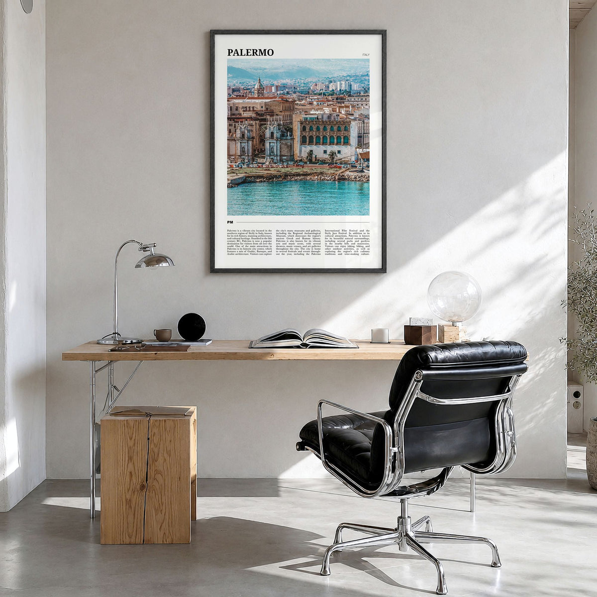 Palermo Travel Poster in a black wood frame, hanging in a bright home office