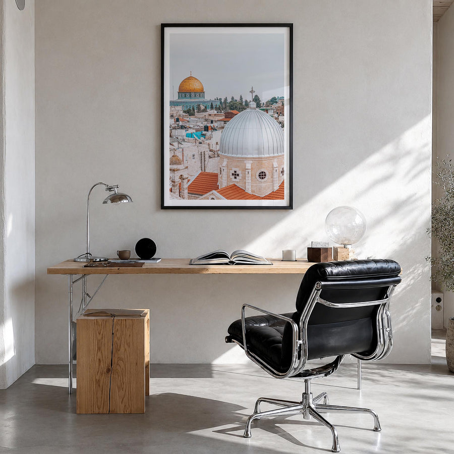 Palestine colorful photo poster of Middle East – vertical wall art in black wood frame with white border, hanging on wall