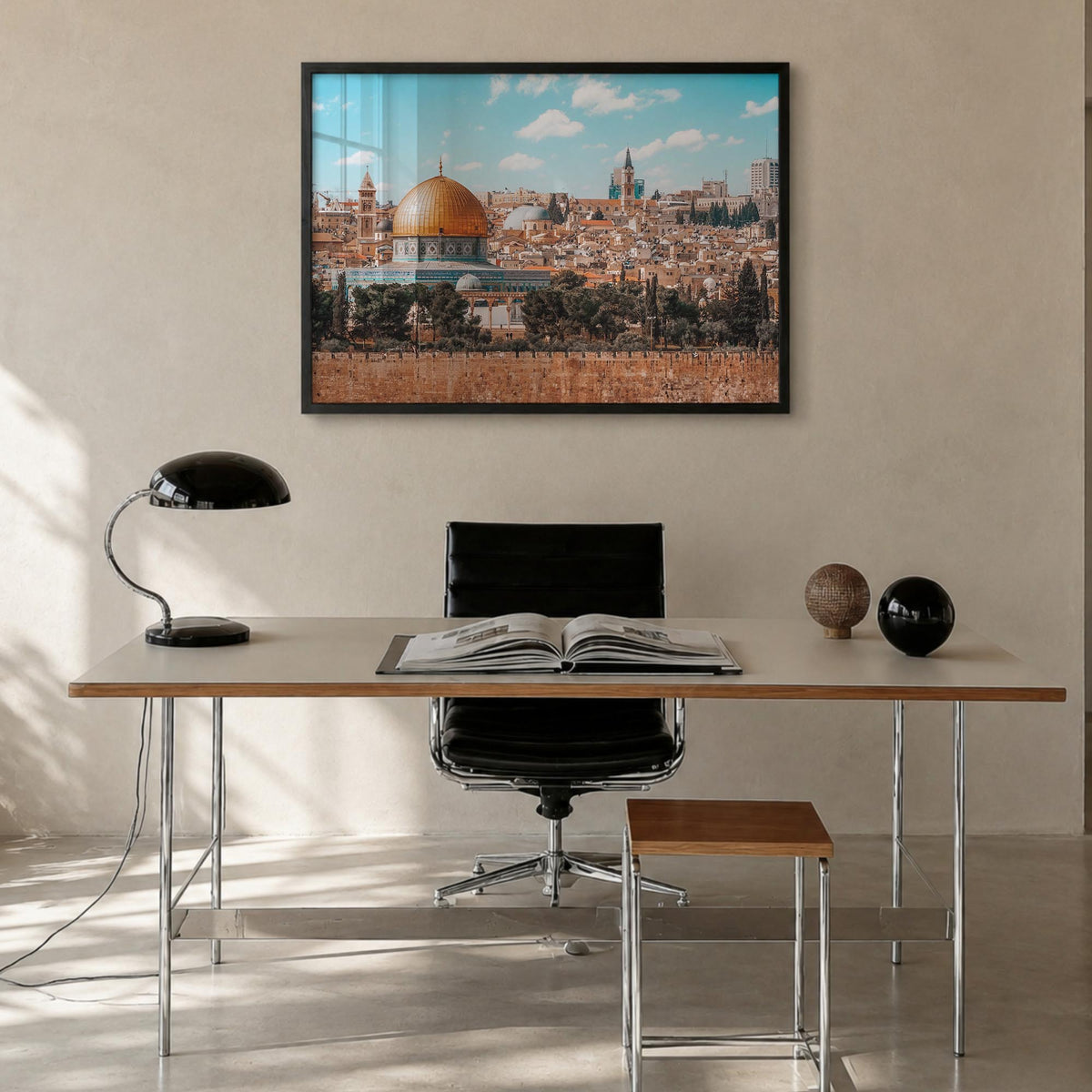 Palestine colorful photo poster of Middle East – horizontal wall art in black wood frame, hanging on wall