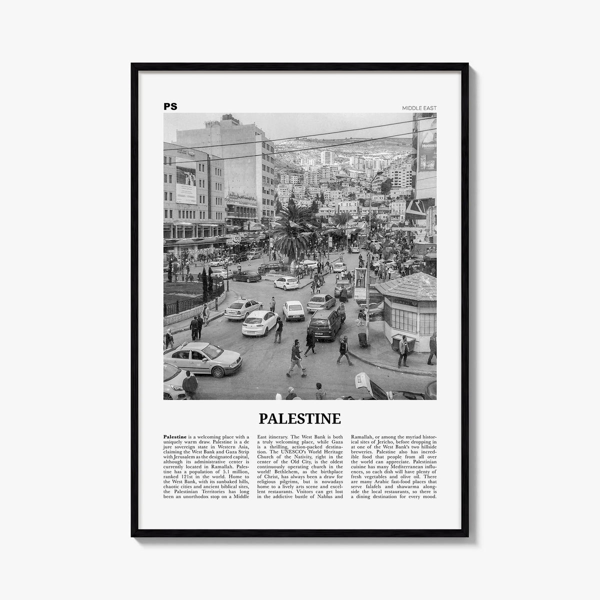 Palestine no. 2 black & white newspaper poster of Middle East – vertical wall art, unframed print shown in interior mockup