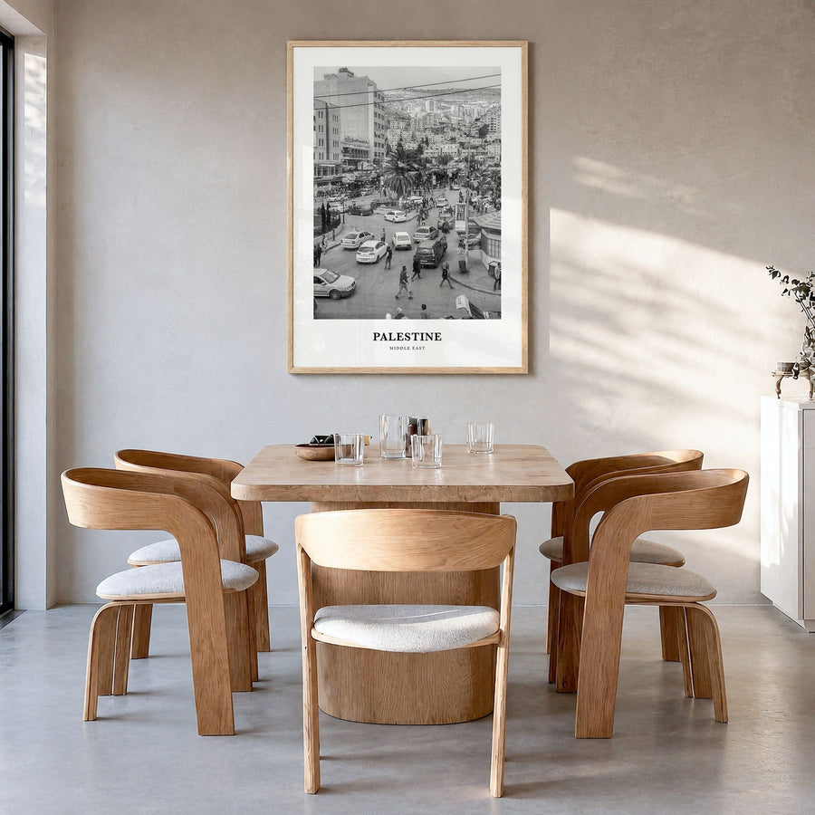 Palestine Classic No 1 Poster in a natural wood frame, hanging in a dining room