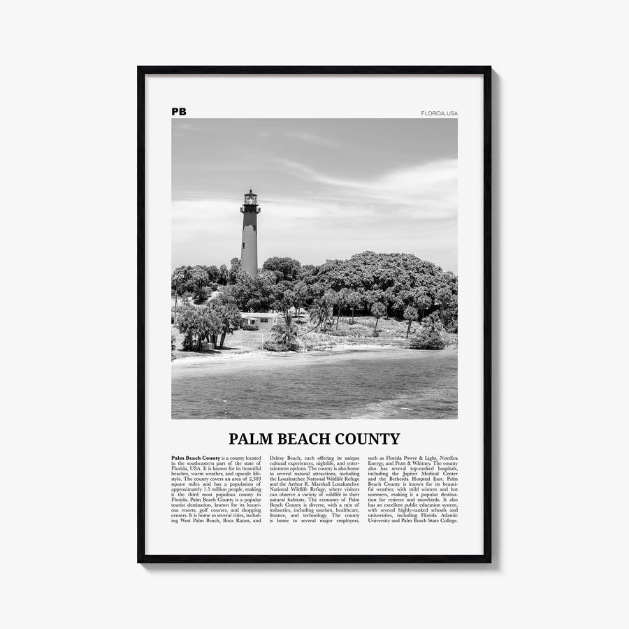Palm Beach County black & white newspaper poster of Florida, USA – vertical wall art, unframed print shown in interior mockup