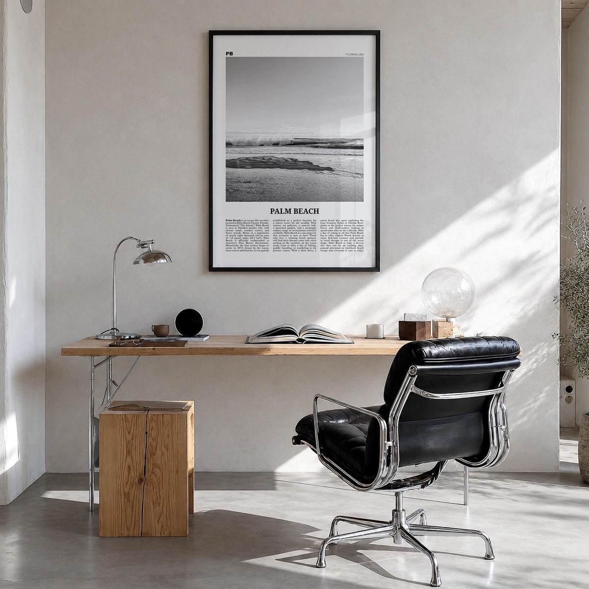 Palm Beach, Florida black & white newspaper poster of Florida, USA – vertical wall art in black wood frame, hanging on wall