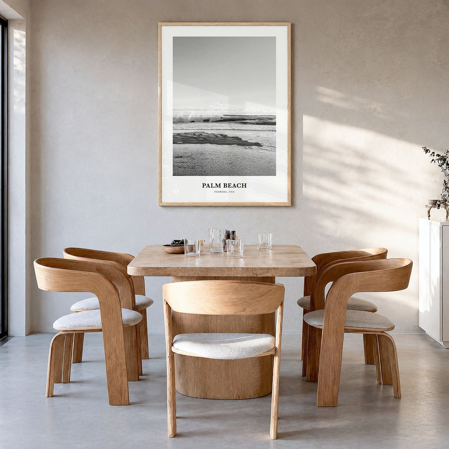 Palm Beach, Florida Classic Poster in a natural wood frame, hanging in a dining room
