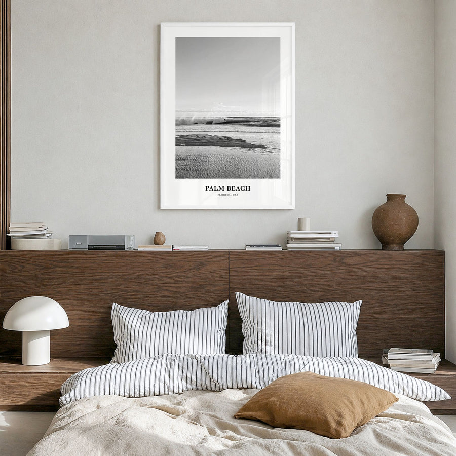 Palm Beach, Florida Classic Poster in a white wood frame, hanging in a bedroom