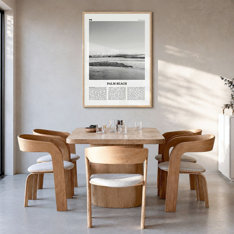 Palm Beach, Florida Newspaper Poster in a natural wood frame, hanging in a dining room